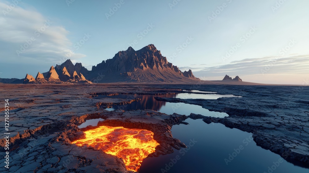 Fototapeta premium Volcanic landscapes concept. Breathtaking volcanic landscape with molten lava and serene reflections at sunset.