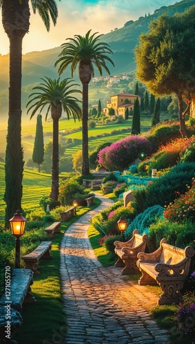 Picturesque italian garden with winding path at sunset: embracing tranquility