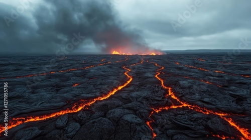 Volcanic landscapes concept. Lava flows erupting from a volcano under a cloudy sky, showcasing Earth's fierce power.