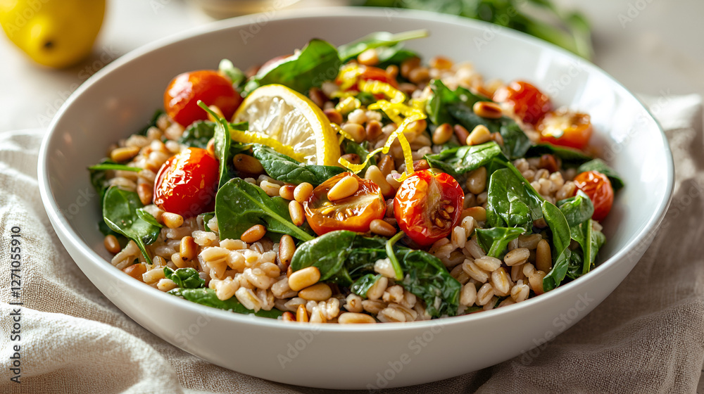 Healthy grain bowl with spinach, cherry tomatoes, toasted pine nuts, and fresh lemon slice on table. Healthy grain bowl with spinach, cherry tomatoes, toasted pine nuts, and fresh lemon slice on table.