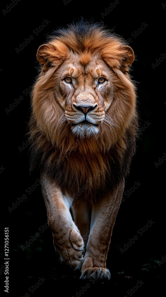 Fototapeta premium A lion strolls through a dimly lit, isolated area with a black background