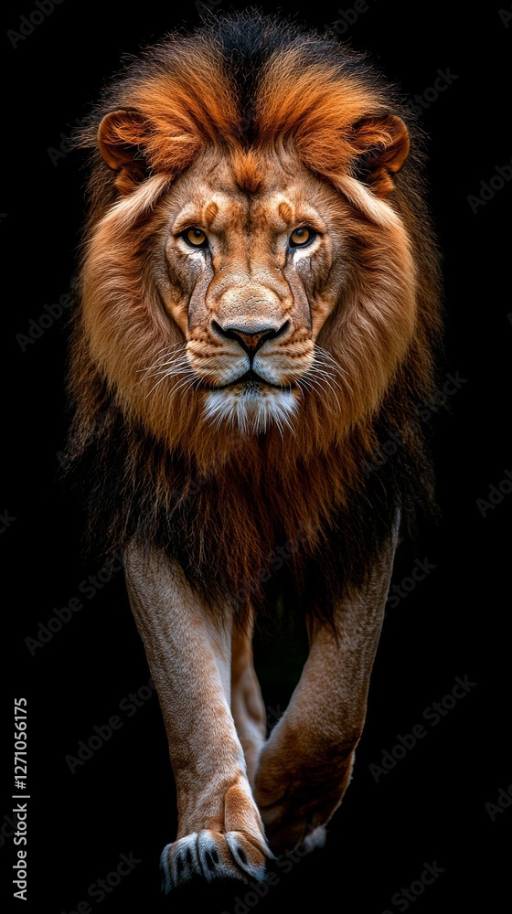 Naklejka premium A lion moves through a dark, secluded space against a black backdrop