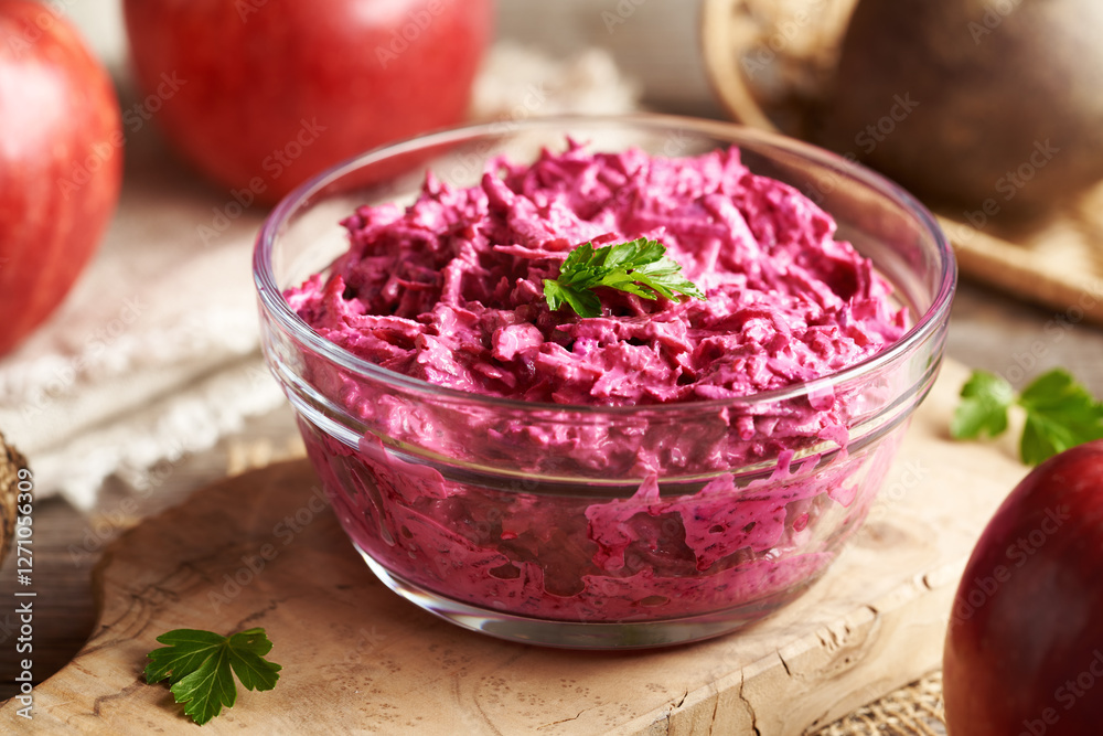 Beetroot and apple salad with sour cream in a bowl Beetroot and apple salad with sour cream in a bowl