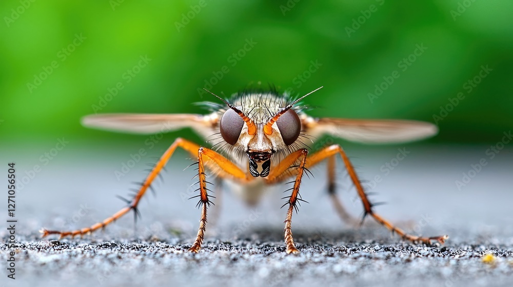 Close-up of fly on stone, green background, nature macro Close-up of fly on stone, green background, nature macro