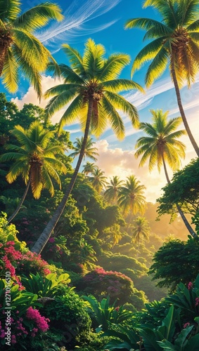 Tropical jungle landscape with palm trees at sunset illuminating lush vegetation