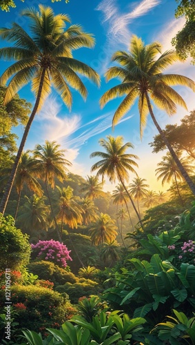 Tropical jungle landscape with palm trees and lush vegetation at sunset