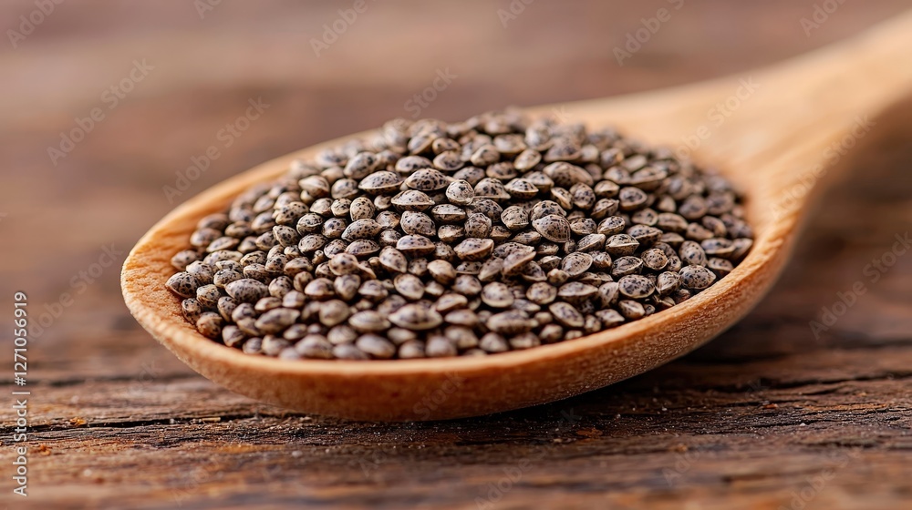 A natural wooden spoon filled with aromatic black pepper seeds resting on a tabletop A natural wooden spoon filled with aromatic black pepper seeds resting on a tabletop