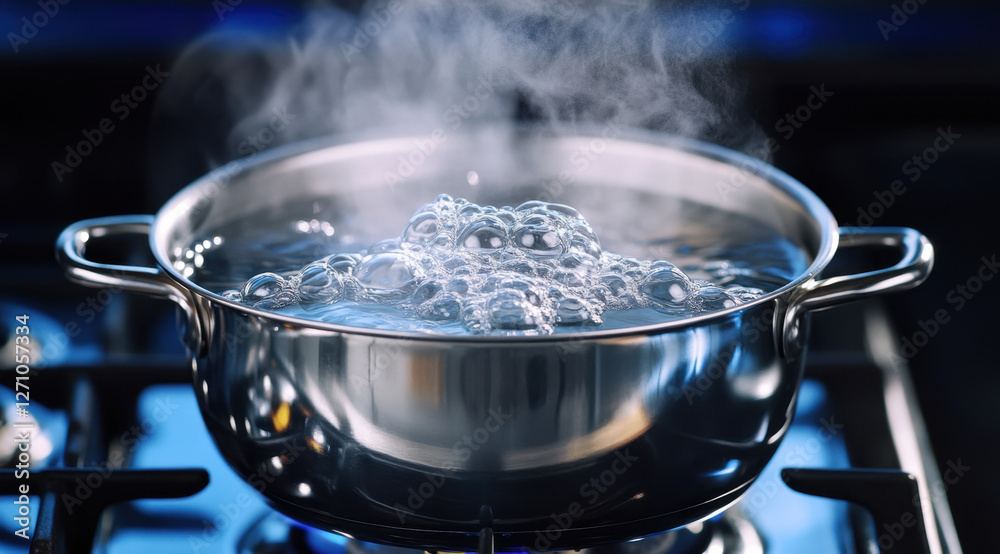 Boiling pot of water bubbles actively on the stove, releasing steam and providing a warm atmosphere in the kitchen during evening meal preparation Boiling pot of water bubbles actively on the stove, releasing steam and providing a warm atmosphere in the kitchen during evening meal preparation