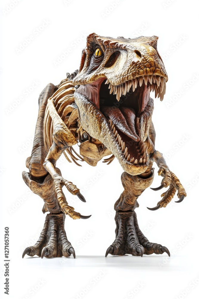 A realistic 3D dinosaur skeleton displayed on a white background A realistic 3D dinosaur skeleton displayed on a white background