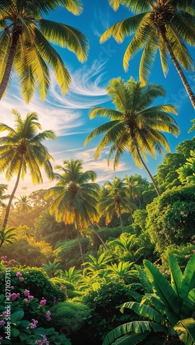 Tropical palm trees swaying in the gentle breeze at sunset