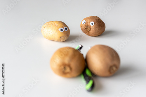 Two kiwis with a razor trying to shave another terrified one. A potato depicts the already shaved kiwi. Halloween humor story.