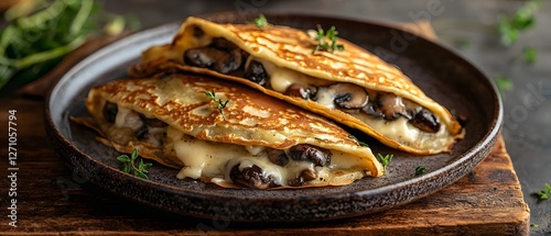 Freshness Fungus Gourmet, Rustic Mushroom and Cheese Stuffed Crepes on Ceramic Plate for Brunch or Meal