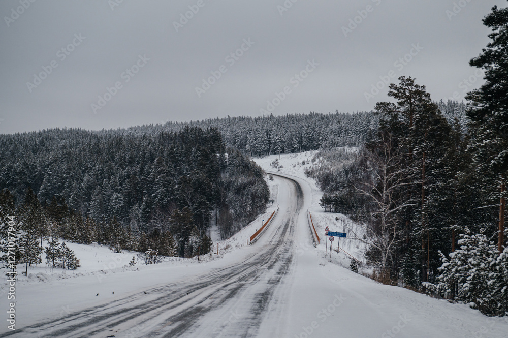 Fototapeta premium winter snow-covered road in the forest covered with snow