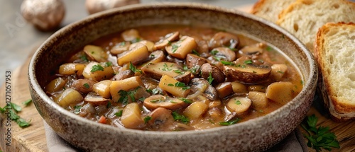 Freshness Fungus Gourmet, Hearty Mushroom Stew in a Rustic Bowl with Crusty Bread on the Side