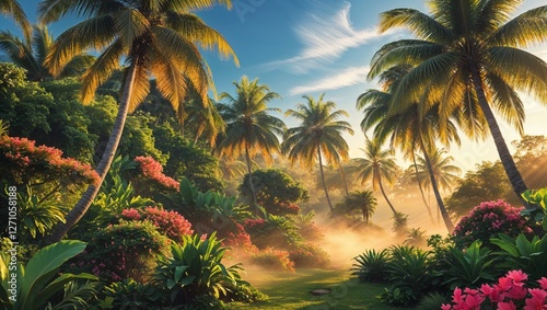 Tropical jungle landscape with palm trees and lush vegetation at sunrise