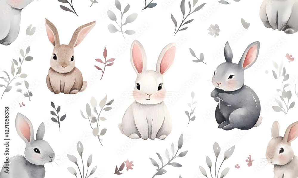 Cute illustration rabbits, several distributed in the picture, fresh watercolor style simple, Generative AI Cute illustration rabbits, several distributed in the picture, fresh watercolor style simple, Generative AI