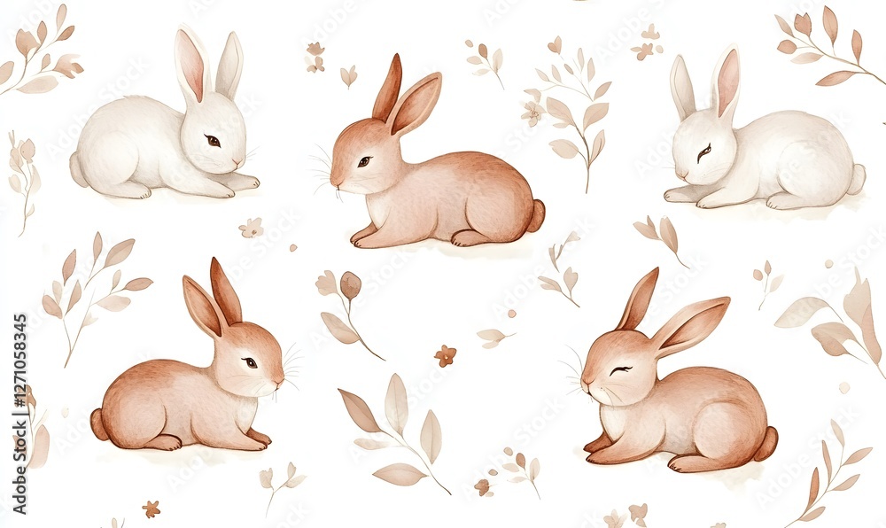 Cute illustration rabbits, several distributed in the picture, fresh watercolor style simple, Generative AI Cute illustration rabbits, several distributed in the picture, fresh watercolor style simple, Generative AI