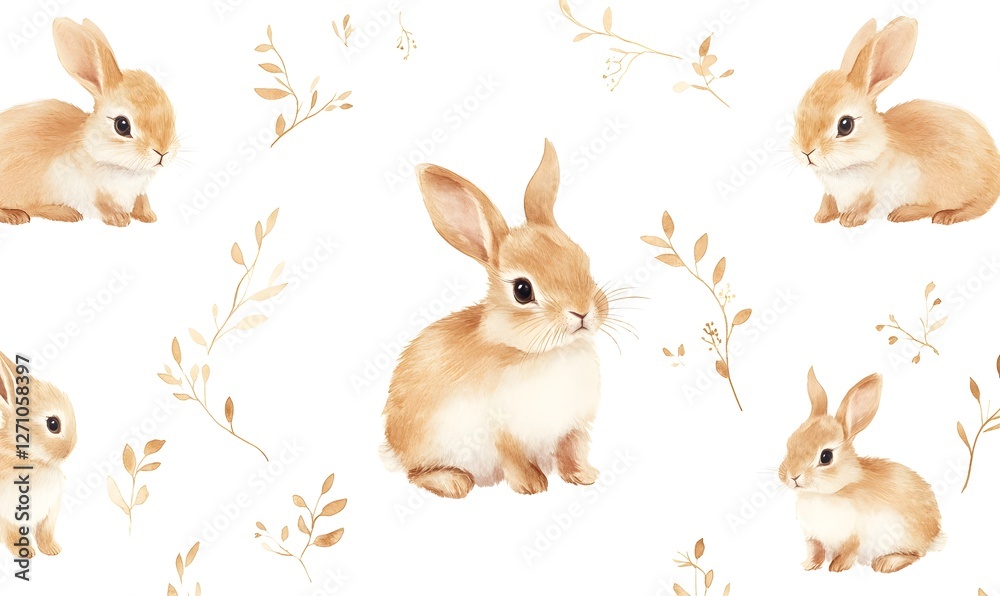 Obraz premium Cute illustration rabbits, several distributed in the picture, fresh watercolor style simple, Generative AI