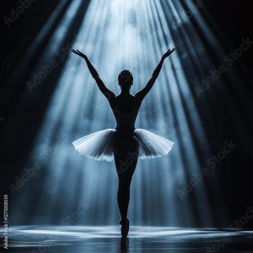 A silhouette of a ballerina in a classic ballet costume under stage lights