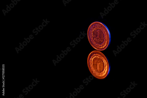 One polish zloty coin with reflection. Dark background. Metal PLN coin.