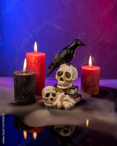 Crow figure sitting on the skulls and bones. Candles burning around, mystical light and smoke in the air.
