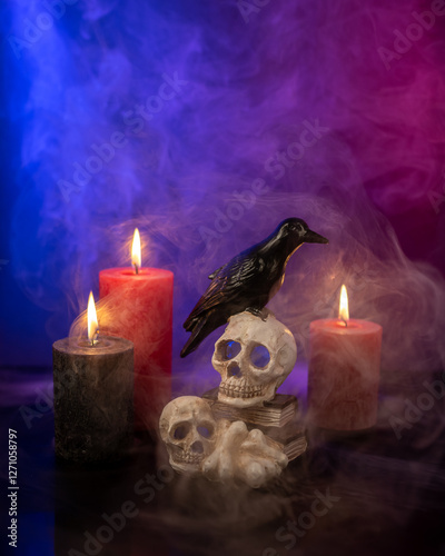 Crow figure sitting on the skulls and bones. Candles burning around, mystical light and smoke in the air.