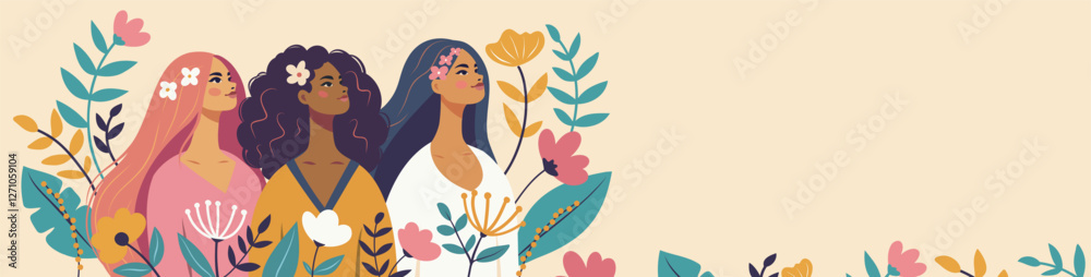 March 8. Women's Day. Beautiful women of different skin colors and cultures stand against a background of flowers. Vector banner in pink pastel colors. For women's projects with place for text. March 8. Women's Day. Beautiful women of different skin colors and cultures stand against a background of flowers. Vector banner in pink pastel colors. For women's projects with place for text.