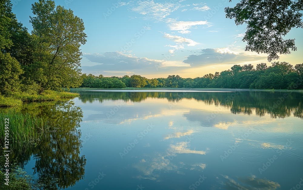 Obraz premium Peaceful lakeside scene with calm water reflecting the sky and trees