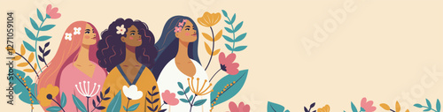 March 8. Women's Day. Beautiful women of different skin colors and cultures stand against a background of flowers. Vector banner in pink pastel colors. For women's projects with place for text.