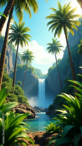 Tropical waterfall flowing into a turquoise pond surrounded by palm trees and lush vegetation