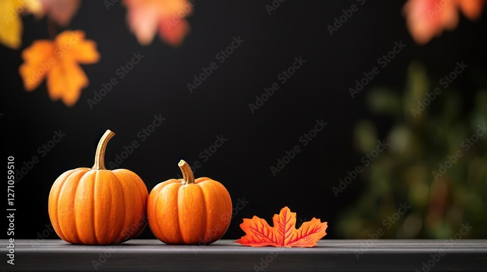 Naklejka premium Two Small Orange Pumpkins with Maple Leaves on Dark Wooden Surface