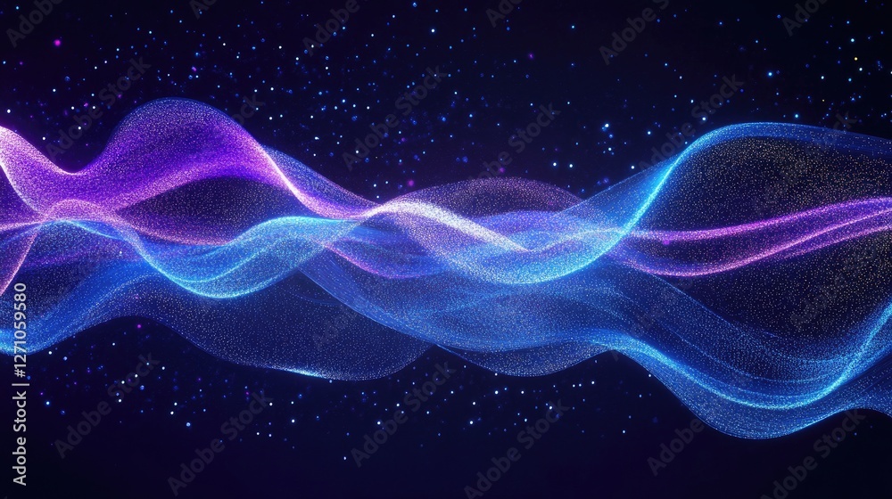 Obraz premium Abstract glowing blue and purple light waves forming rhythmic, flowing patterns against a dark space.