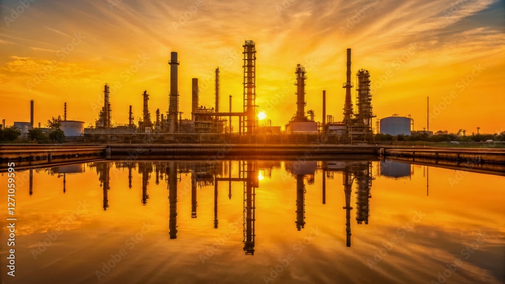 Fototapeta premium Stunning Sunset Reflection Over Industrial Complex in Vibrant Orange and Yellow Hues