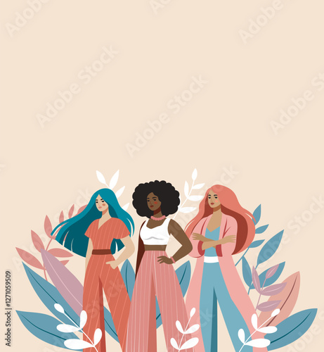 Women's Day. March 8. Beautiful women of different skin colors and cultures stand against a background of flowers. Vector banner in pink pastel colors. For women's projects with place for text.