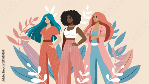 Women's Day. March 8. Beautiful women of different skin colors and cultures stand together against a background of flowers. Vector banner in pink mint pastel colors. For women's projects and holidays