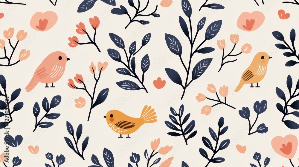 Fototapeta premium Background pattern cute animal footprints concept. Adorable Bird and Squirrel Footprints in Pastel Toned Floral Artwork