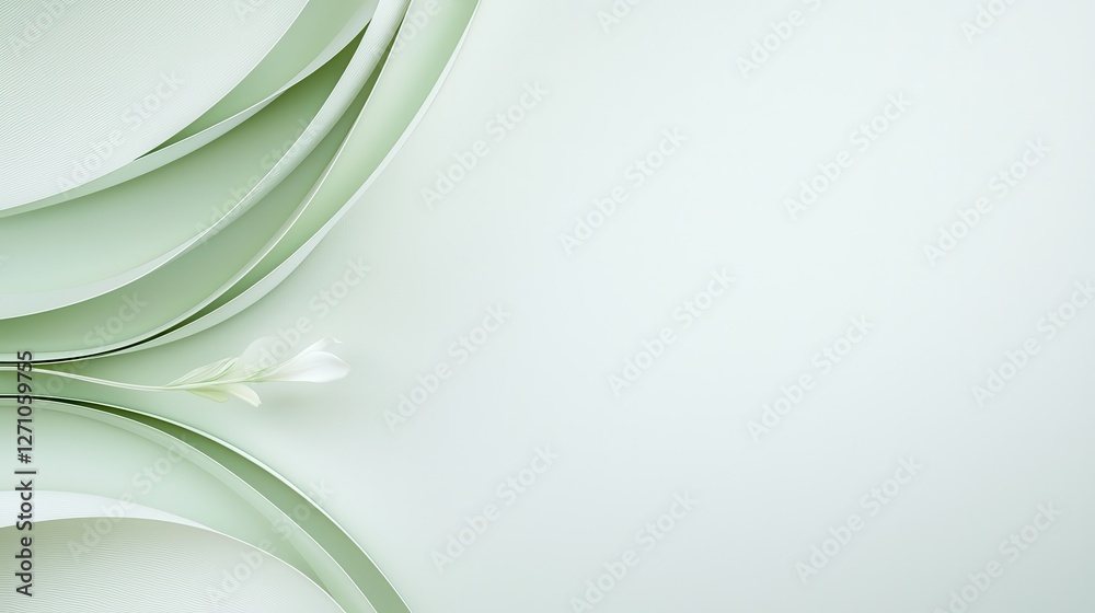 Fototapeta premium Elegant abstract green paper waves with delicate white flower on smooth pastel background.
