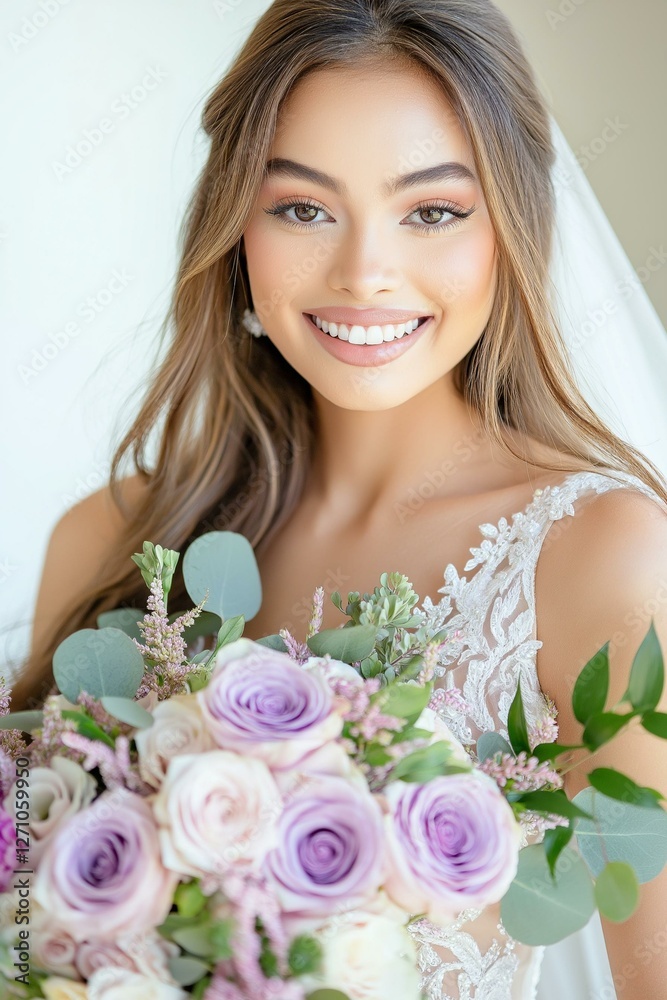 Joyful bride holding a beautiful bouquet of purple roses, radiating happiness. Joyful bride holding a beautiful bouquet of purple roses, radiating happiness.