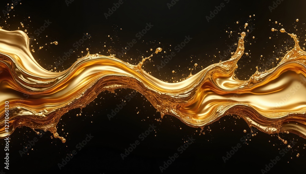 Obraz premium Abstract design. Gold liquid splash against black background. Wave motion. Splashing molten fluid texture. Graphic element for creative projects, posters, banners, modern advertisement. Luxury style.