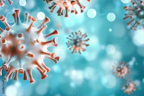 Microscopic view of viruses in a blue and glowing background, illustrating viral structure. photo