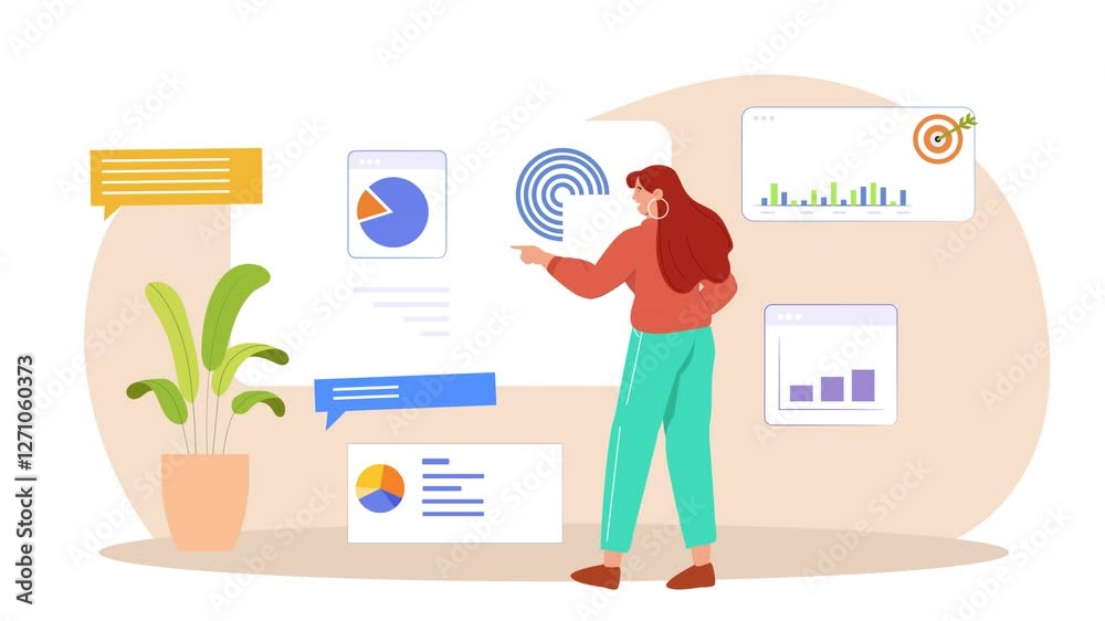 Flat scene animation showcasing characters informing others about data ...