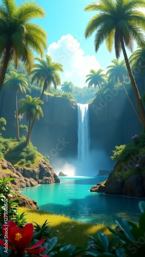 Tropical waterfall cascading into tranquil turquoise lagoon paradise