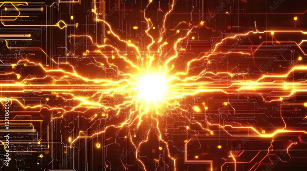 Obraz premium A bright energy pulse traveling through a high-tech circuit board background.
