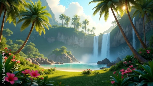 Tropical waterfall cascading into tranquil lagoon with palm trees at sunset