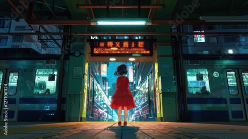 A girl in a flowing red dress, her hair blowing in the wind, standing under the station's clock tower