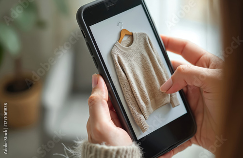 Woman takes photo of sweater on smartphone. E-commerce store concept. Selling clothes, fashion online on marketplace app. Reselling used clothes. Online business. Circular economy.
