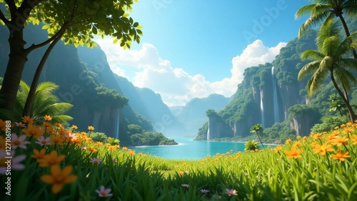 Breathtaking tropical lagoon with waterfalls flowing into turquoise water surrounded by lush vegetation