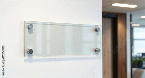 Blank glass nameplate design mockup, Signplate mock up on the wall near office entrance interior. Signage panel door number template. Clear printing sign board for branding near store.