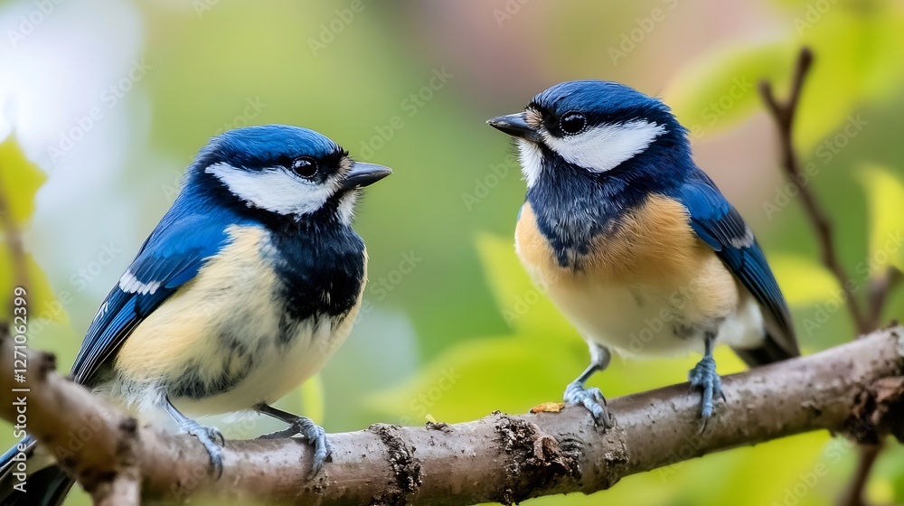 Obraz premium Closeup of vibrant blue and yellow birds perched on a branch surrounded by fresh green leaves : Generative AI