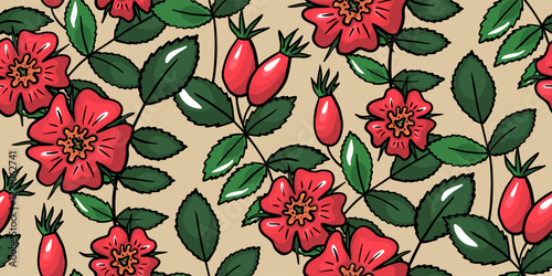 Sweetbriars roses flowers, leaves and fruits  seamless pattern in vintage style on light beige background. Tea rose hand drawn wallpaper for designes, textiles, wrapping paper etc.
